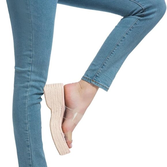 Women Slip On Espadrille Sandals Nude Size 8 Clear Strap Cushioned Wedges - Picture 3 of 8